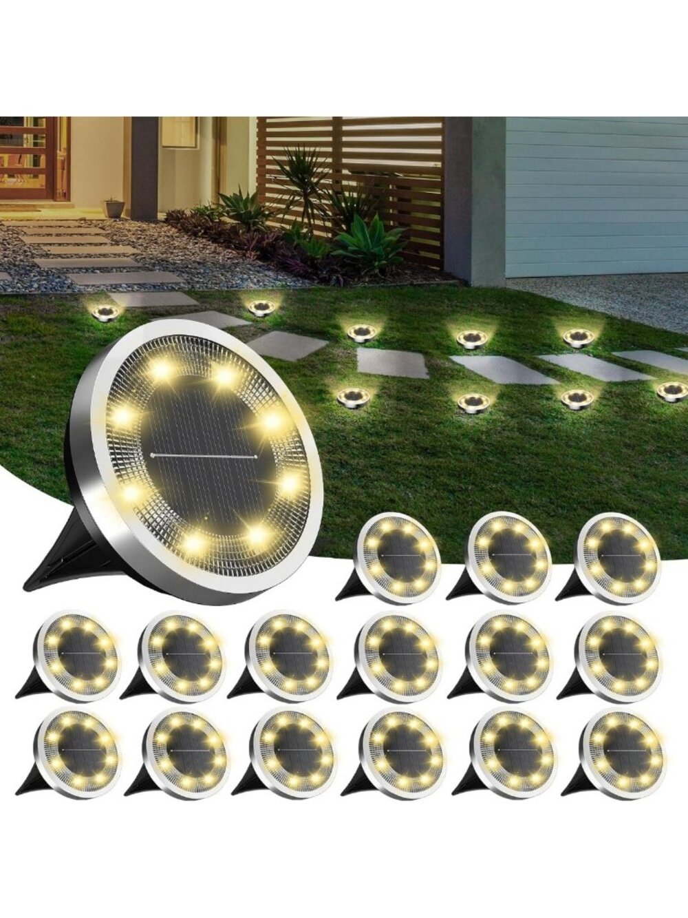 16-Pack Solar LED Ground Lights, Waterproof Outdoor Lighting, Warm White Glow